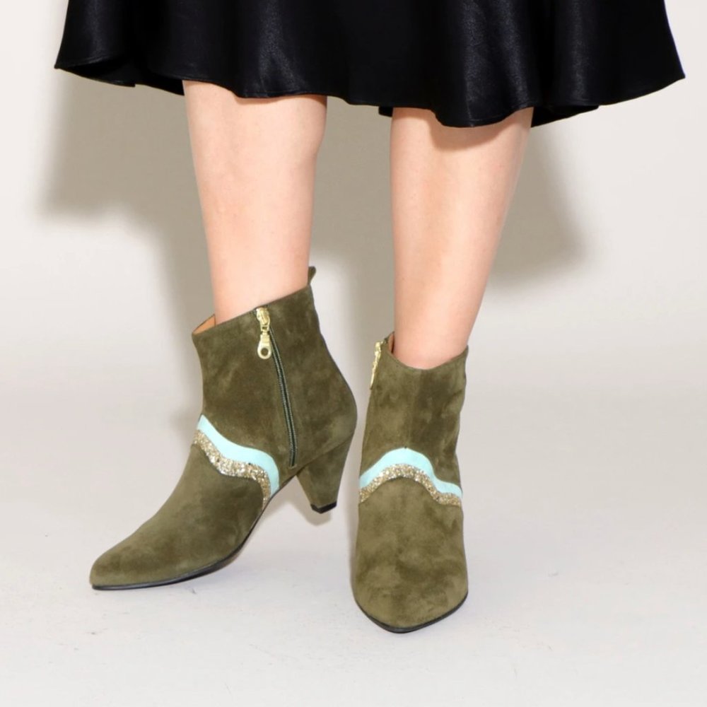 Emma Go KAREN Suede Olive Mint Glitter boots sz 41